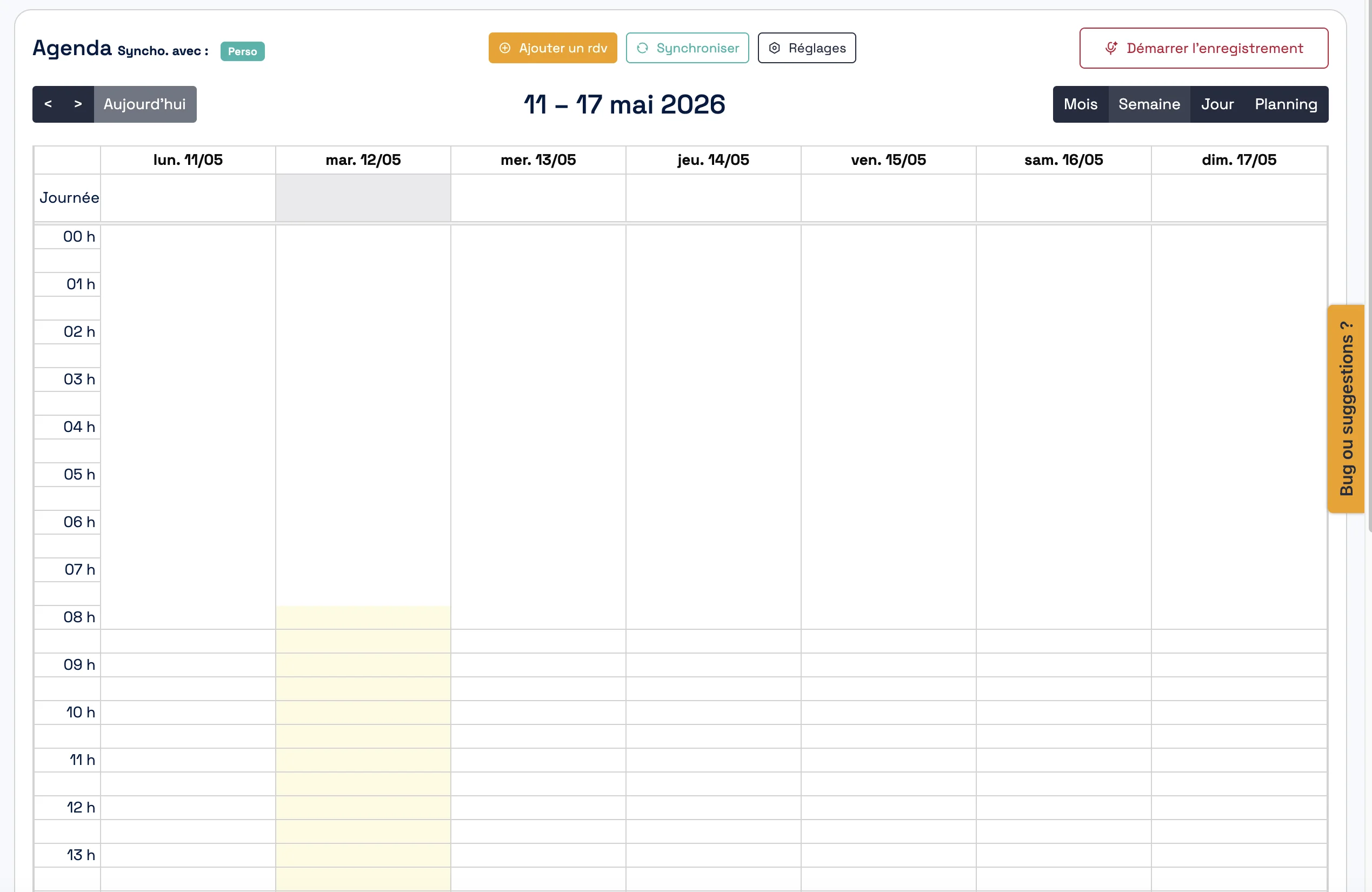 Vue de l'agenda Diag Pilote