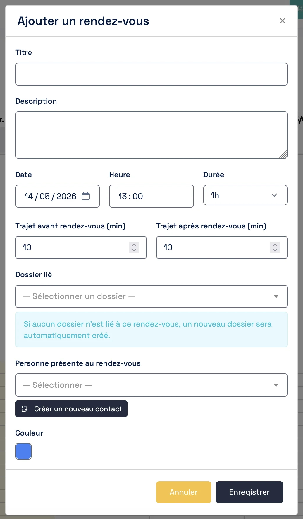 Fenêtre de création d'un RDV